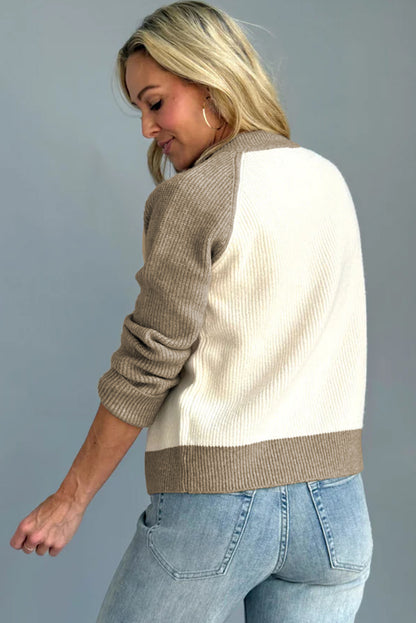 White Color Block Ribbed Knit Button Down Sweater Cardigan