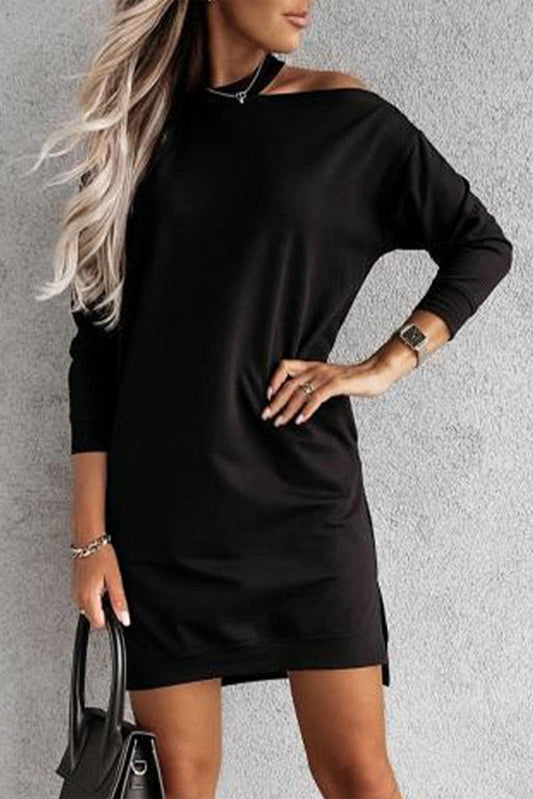 Black Single Cold Shoulder T-shirt Dress with Slits - L & M Kee, LLC