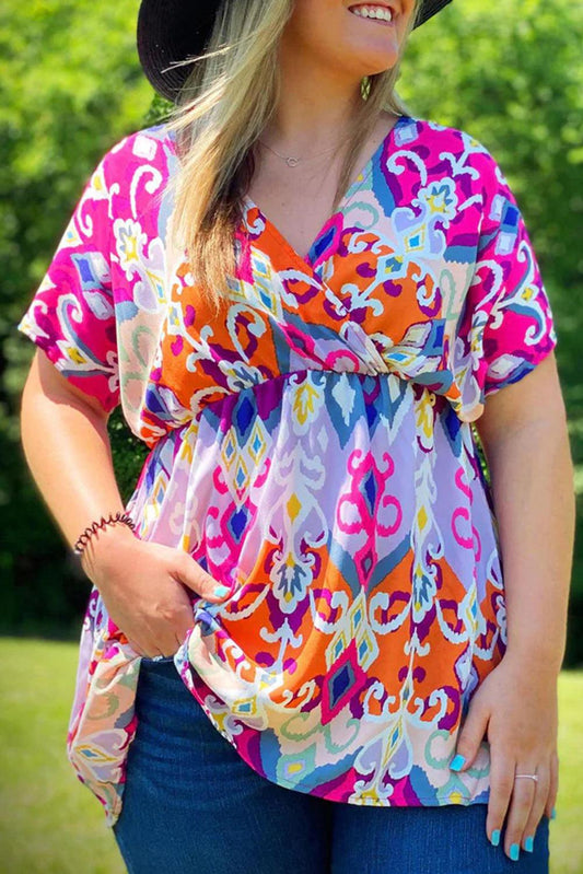 Multicolour Dreamy Print Wrap V Neck Plus Babydoll Blouse - L & M Kee, LLC