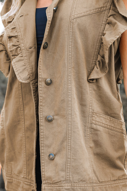 Pale Khaki Ruffled Patchwork Denim Jacket Vest