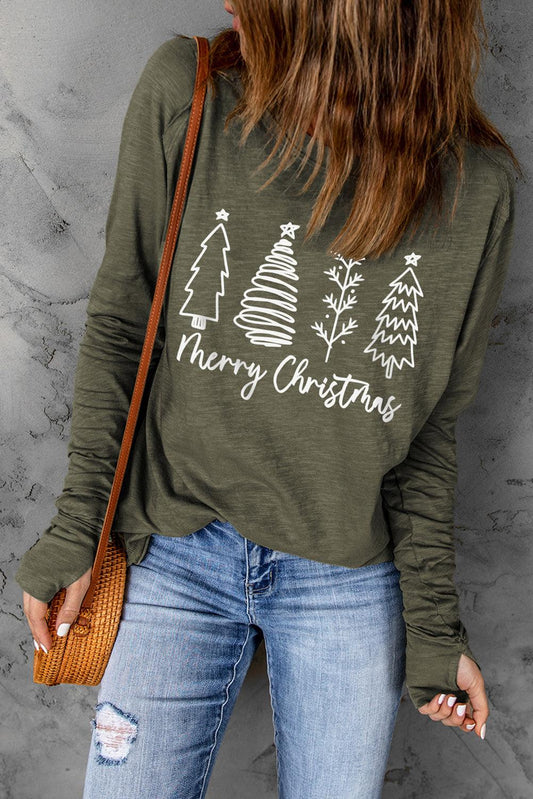 Green Merry Christmas Trees Thumbhole Sleeve Graphic Tee - L & M Kee, LLC