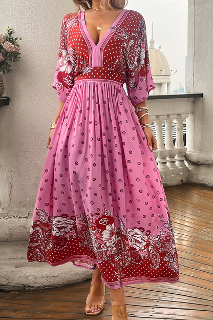 Pink Floral Print Knotted Open Back High Waist Maxi Dress