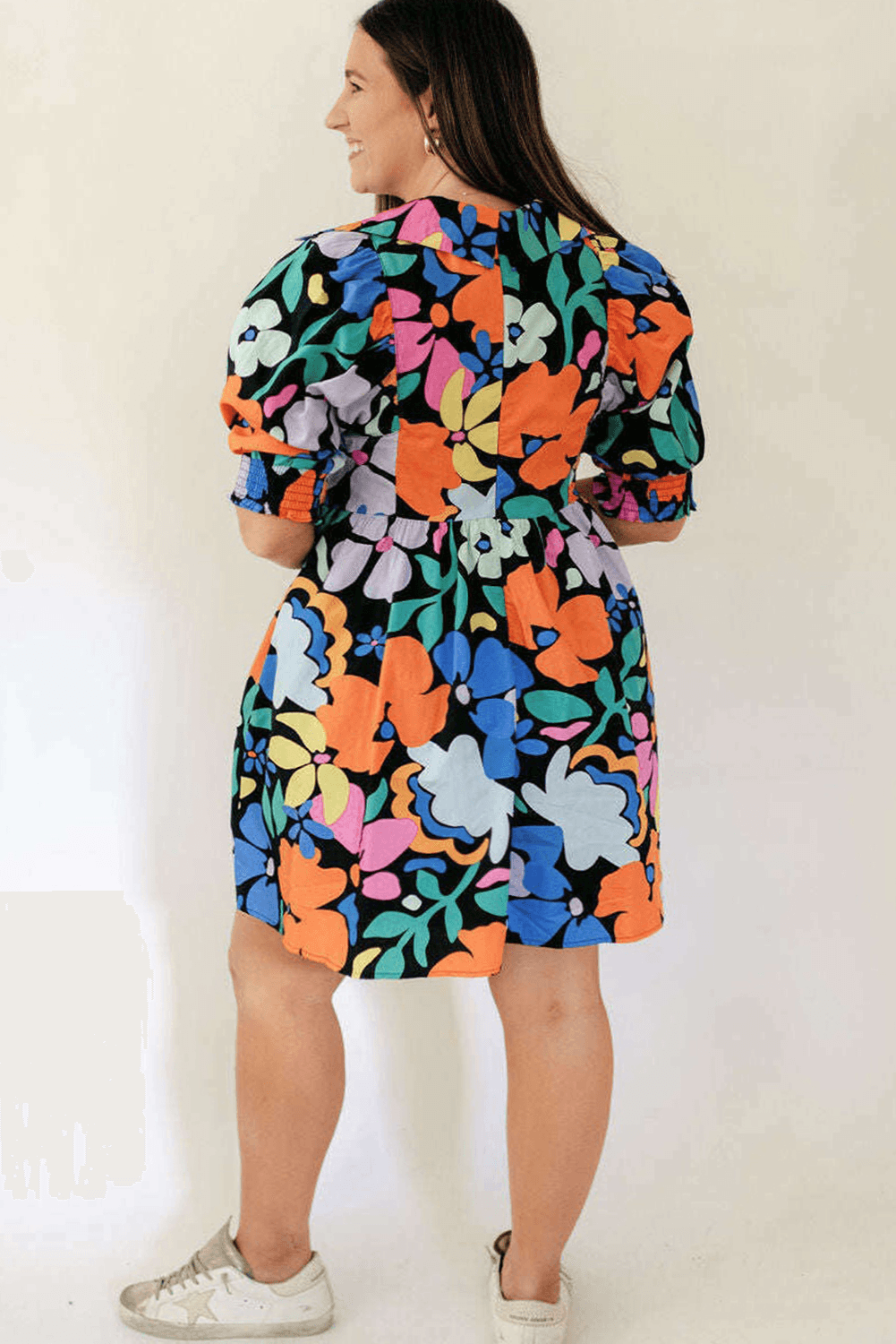 Blue Split Neck Collared Plus Floral Dress - L & M Kee, LLC