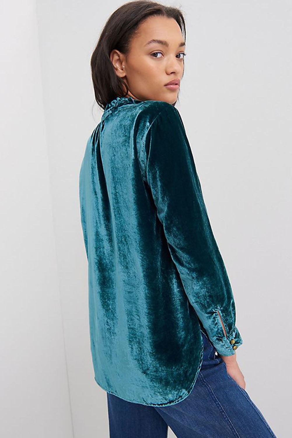 Green Frilled Neck Buttoned Front Velvet Top - L & M Kee, LLC