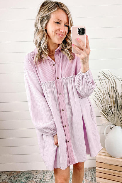 Pink Patchwork Crinkle Puff Sleeve Shirt Dress - L & M Kee, LLC