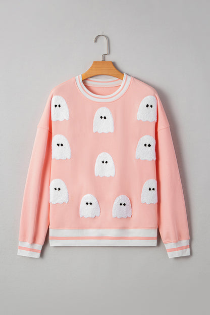 Gossamer Pink Halloween Terry Ghost Striped Trim Loose Sweatshirt