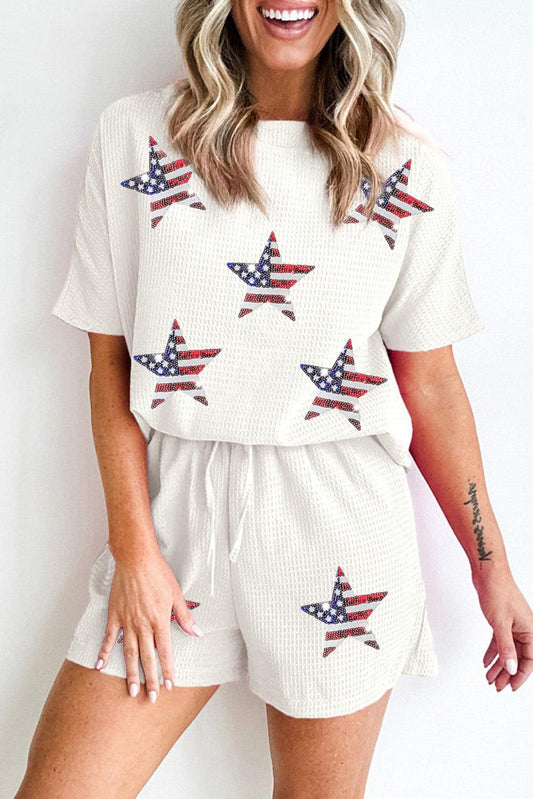 White Waffle Sequin American Flag Star Pattern 2Pcs Shorts Set