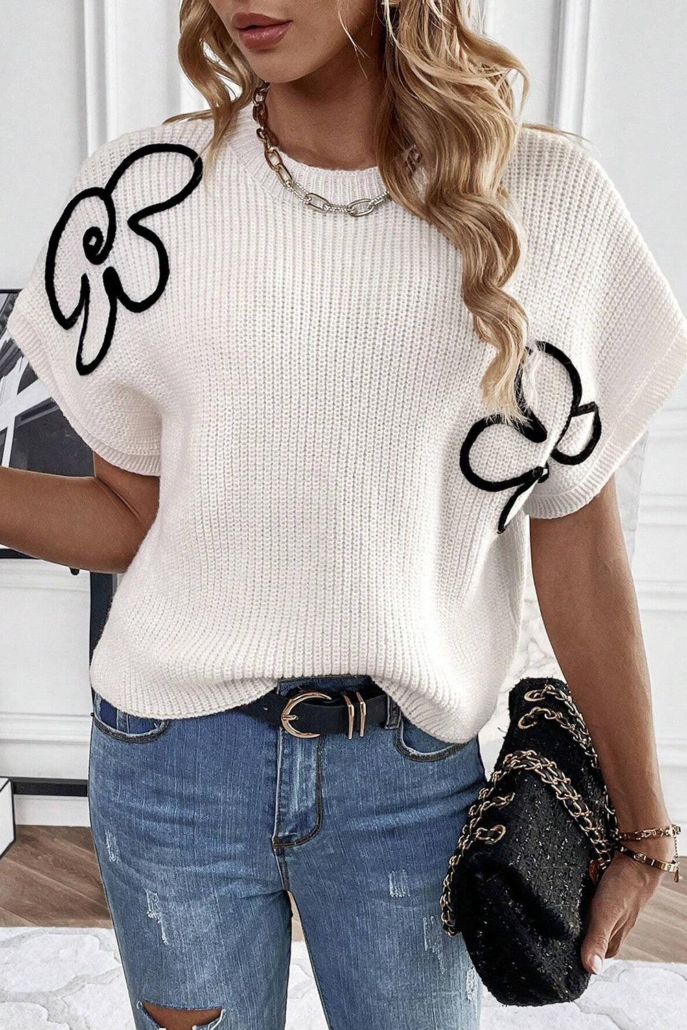 White Flower Embroidery Sweater Tee - L & M Kee, LLC