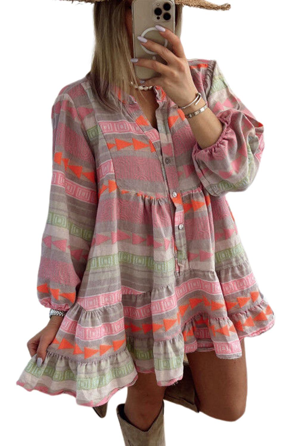 Multicolour Boho Print Puff Sleeve Buttoned Babydoll Dress - L & M Kee, LLC