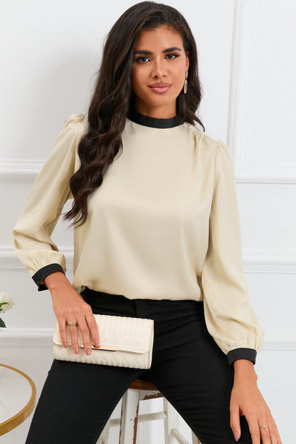 Color Block Bow Back Mock Neck Blouse - L & M Kee, LLC