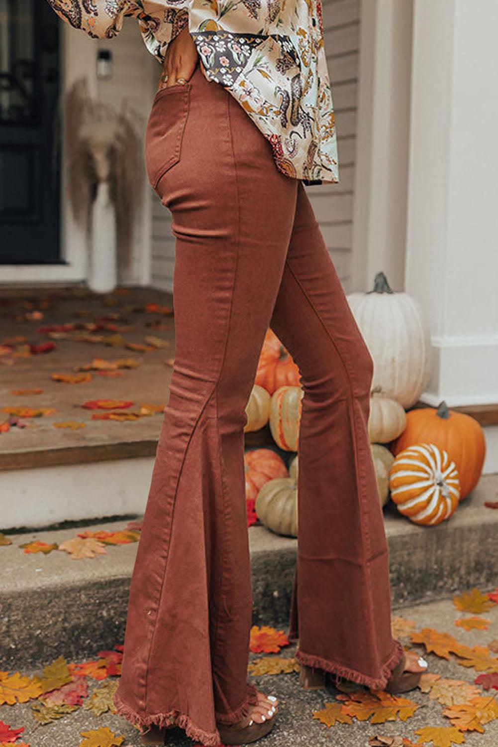 High Waist Raw Hem Flare Jeans - L & M Kee, LLC