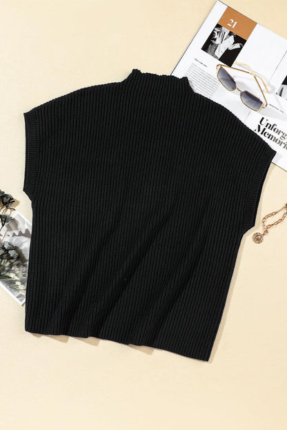 Black Patch Pocket Ribbed Knit Short Sleeve Sweater - L & M Kee, LLC