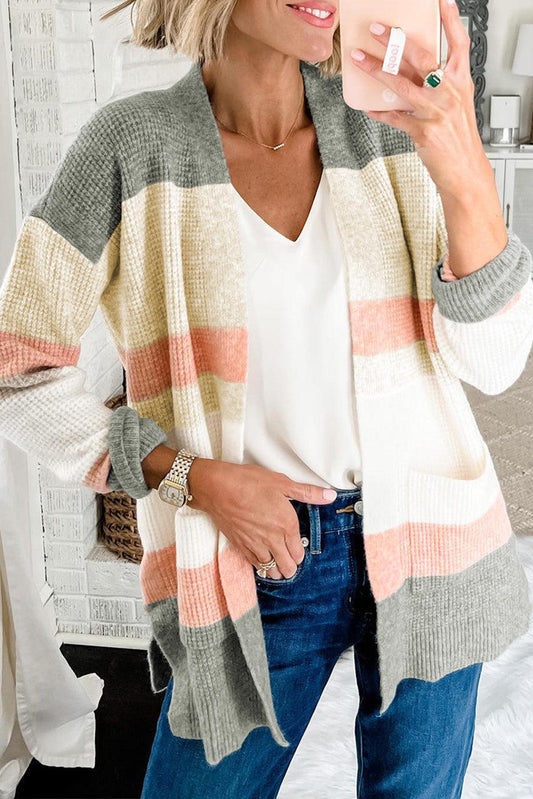 Multicolor Color Block Striped Pocketed Open Cardigan - L & M Kee, LLC