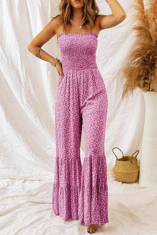 Phalaenopsis Thin Straps Smocked Bodice Wide Leg Floral Jumpsuit - L & M Kee, LLC