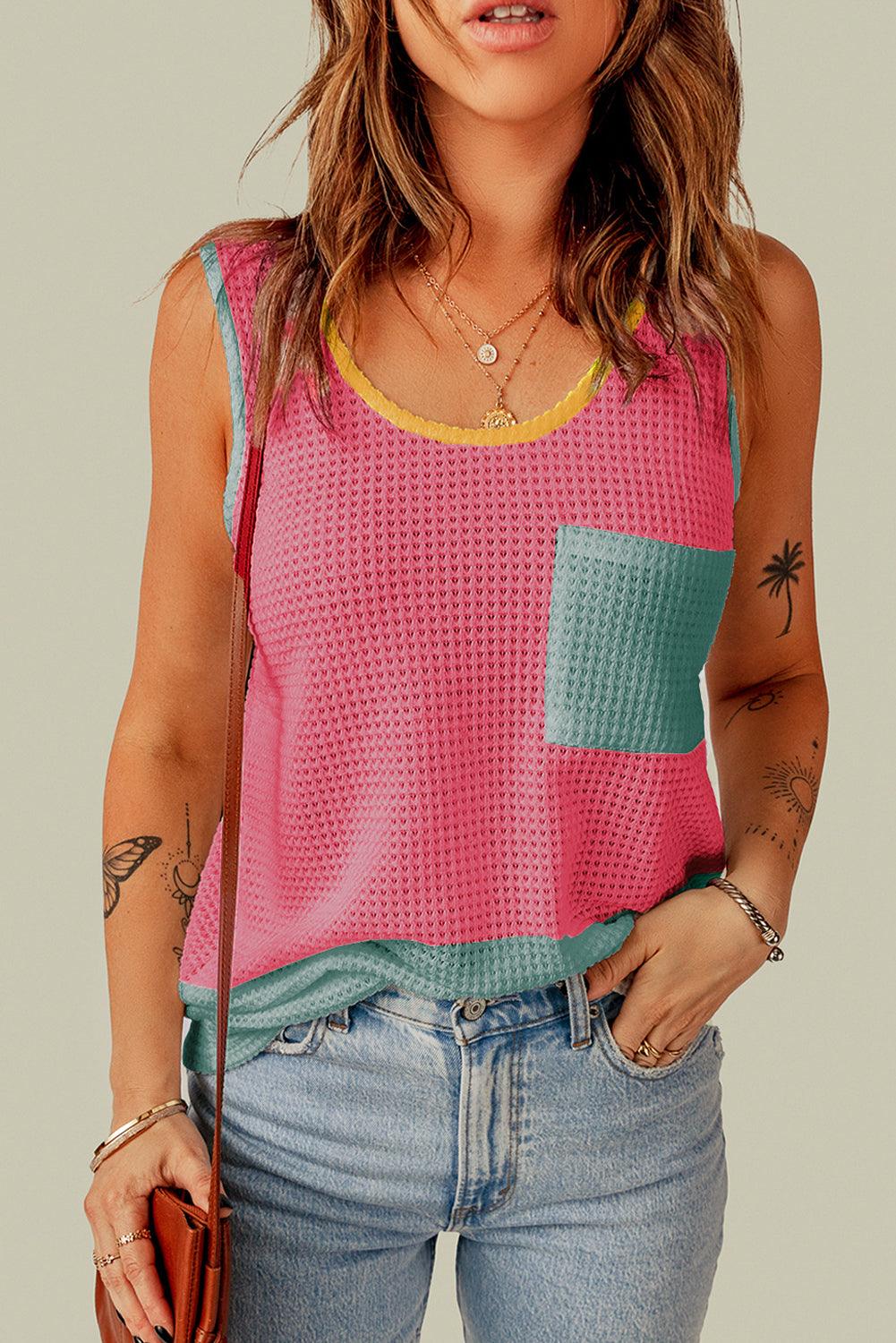 Strawberry Pink Color Block Patched Pocket Breathable Knit Tank Top - L & M Kee, LLC