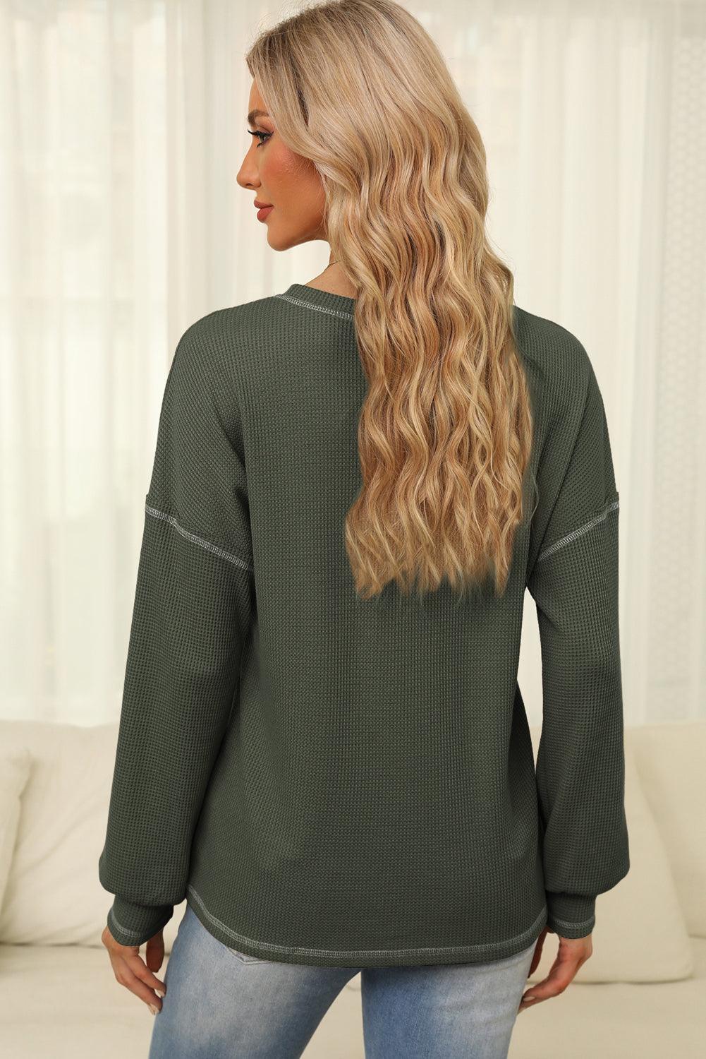 Mist Green Contrast Exposed Stitching Waffle Knit Blouse - L & M Kee, LLC