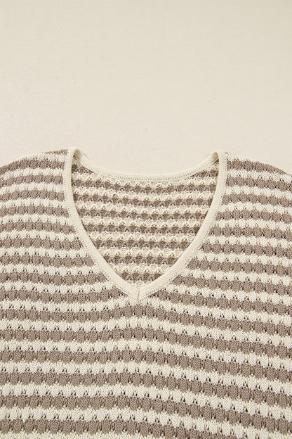 Khaki Stripe Plus Size V Neck Drop Shoulder Sweater
