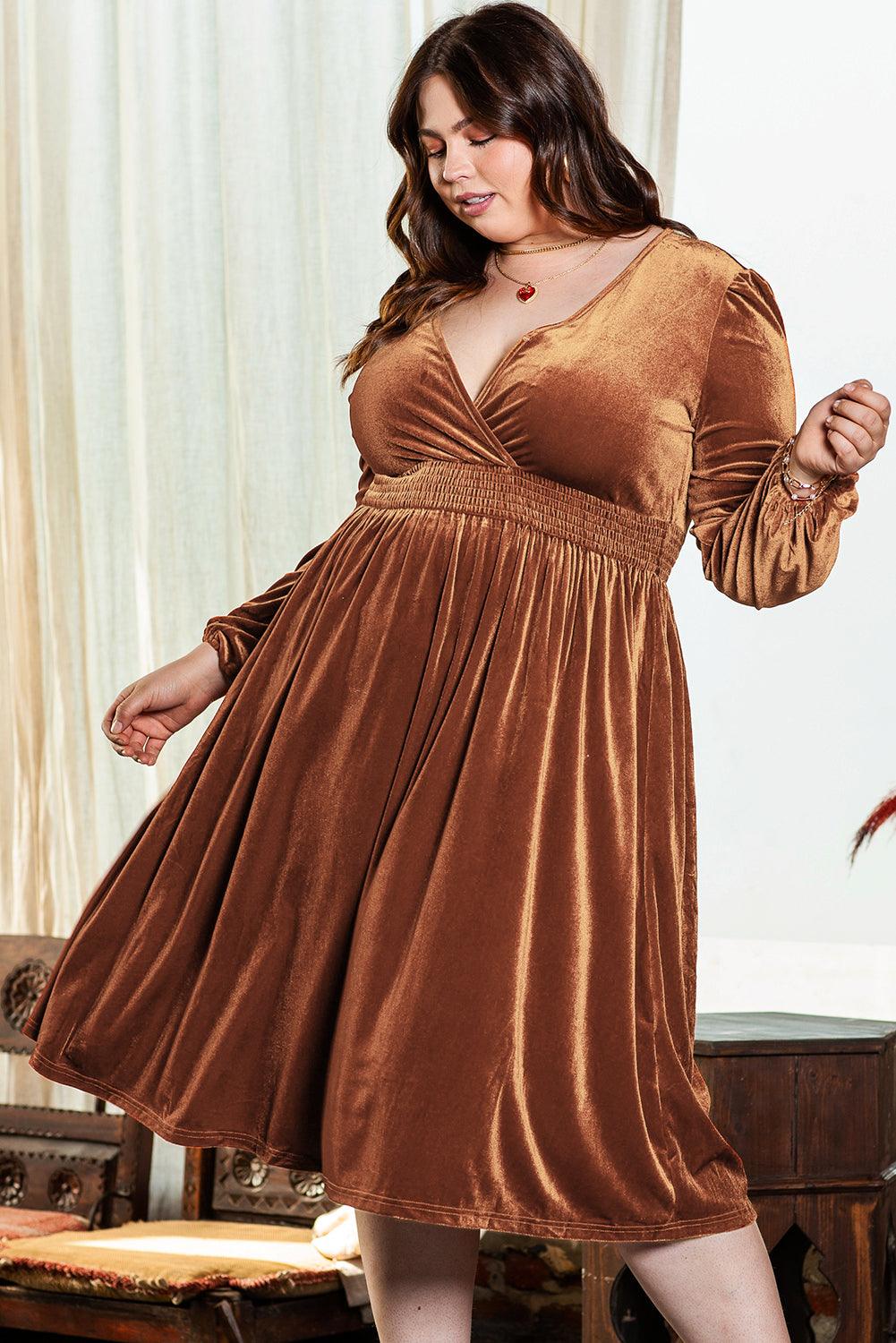 Camel Surplice V Neck Balloon Sleeve Velvet Dress - L & M Kee, LLC