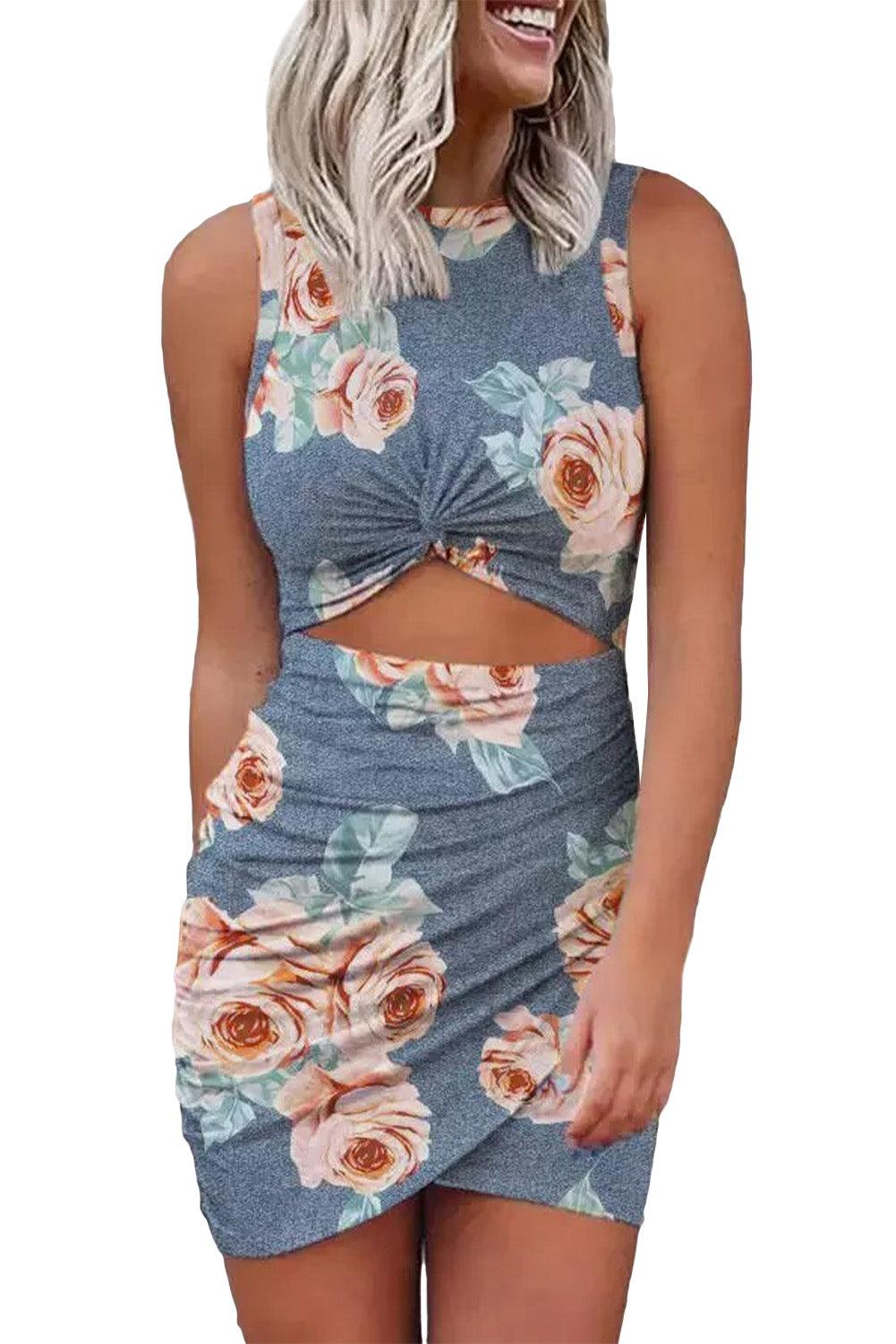 Gray Floral Print Hollow Out Wrap Tie Mini Dress - L & M Kee, LLC