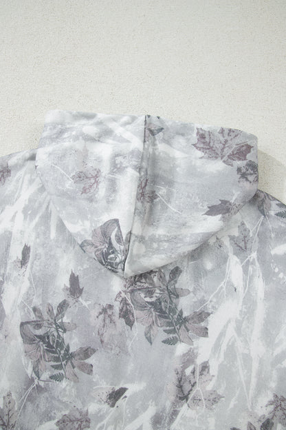 Gray Camo Leaf Print Kangaroo Pocket Quarter Zip Hoodie