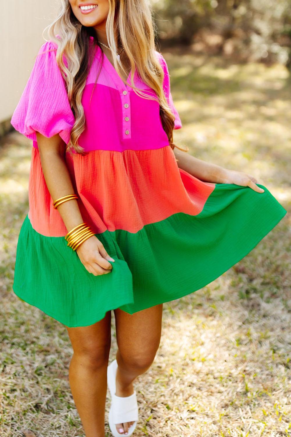 Multicolor Color Block Tiered Puff Sleeve Dress - L & M Kee, LLC