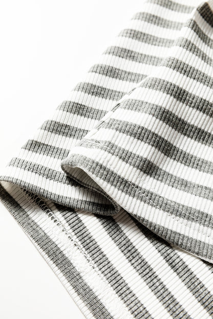 Gray Stripe Ribbed High Neck Slim Fit Long Sleeve Top