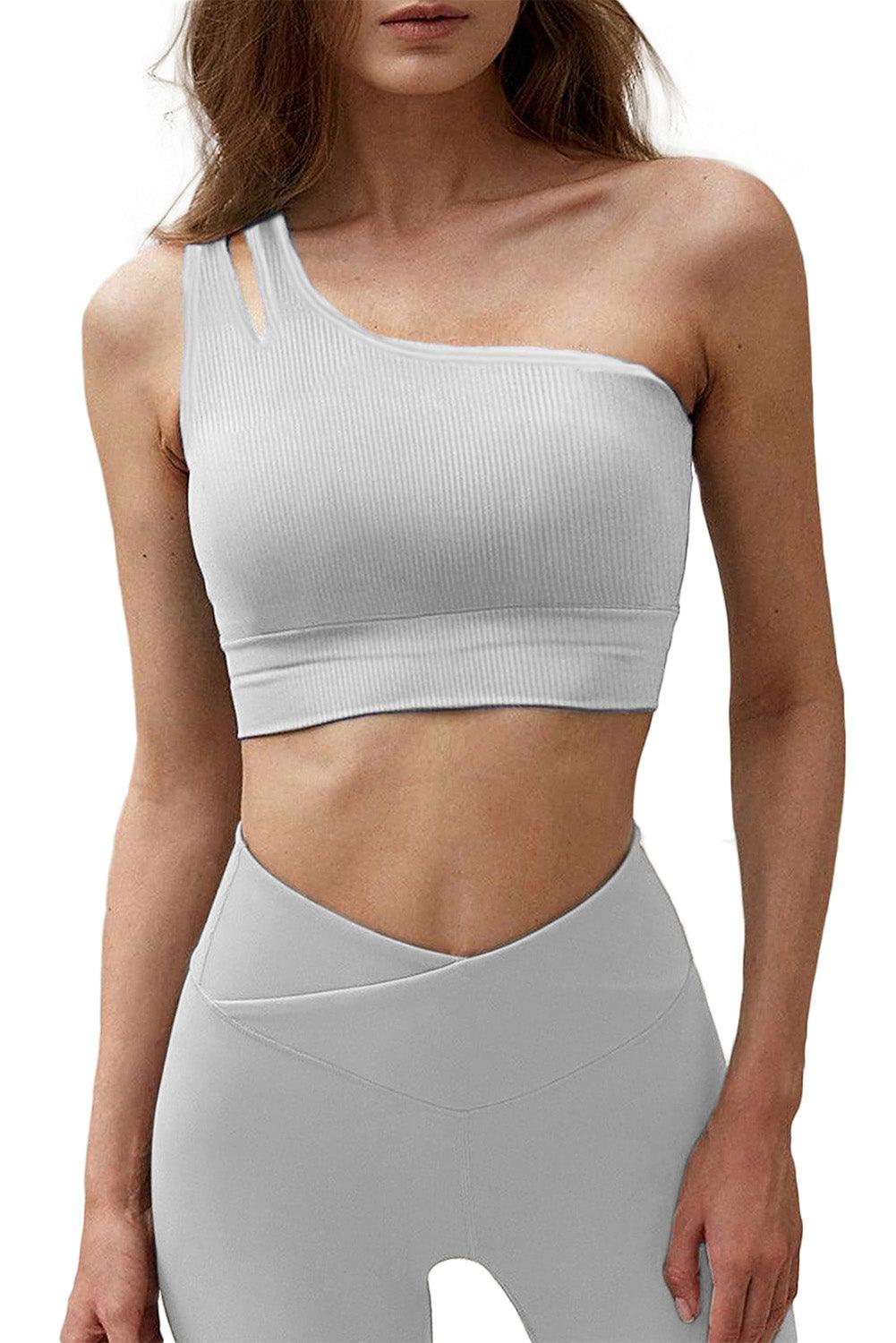 Single Split Shoulder Ribbed Cropped Sports Top - L & M Kee, LLC