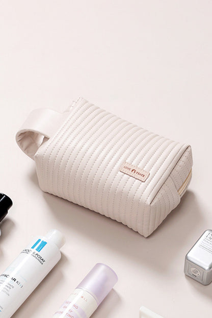 Beige Stitching PU Leather Round Zipped Side Handle Makeup Bag