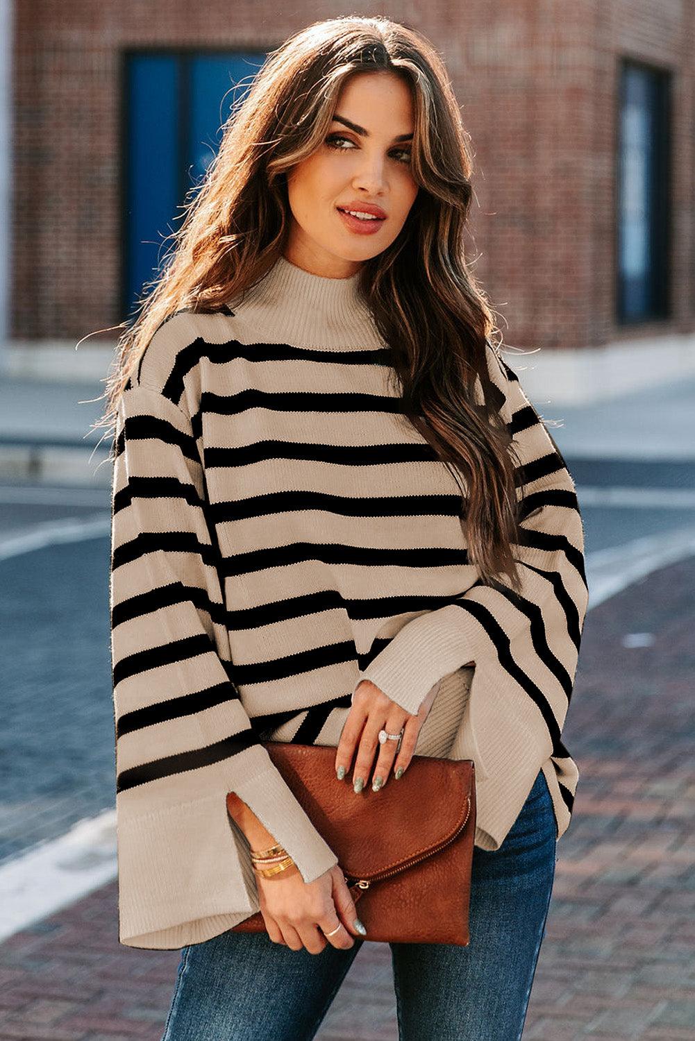 Khaki Striped Mock Neck Bell Sleeve Knit Sweater - L & M Kee, LLC