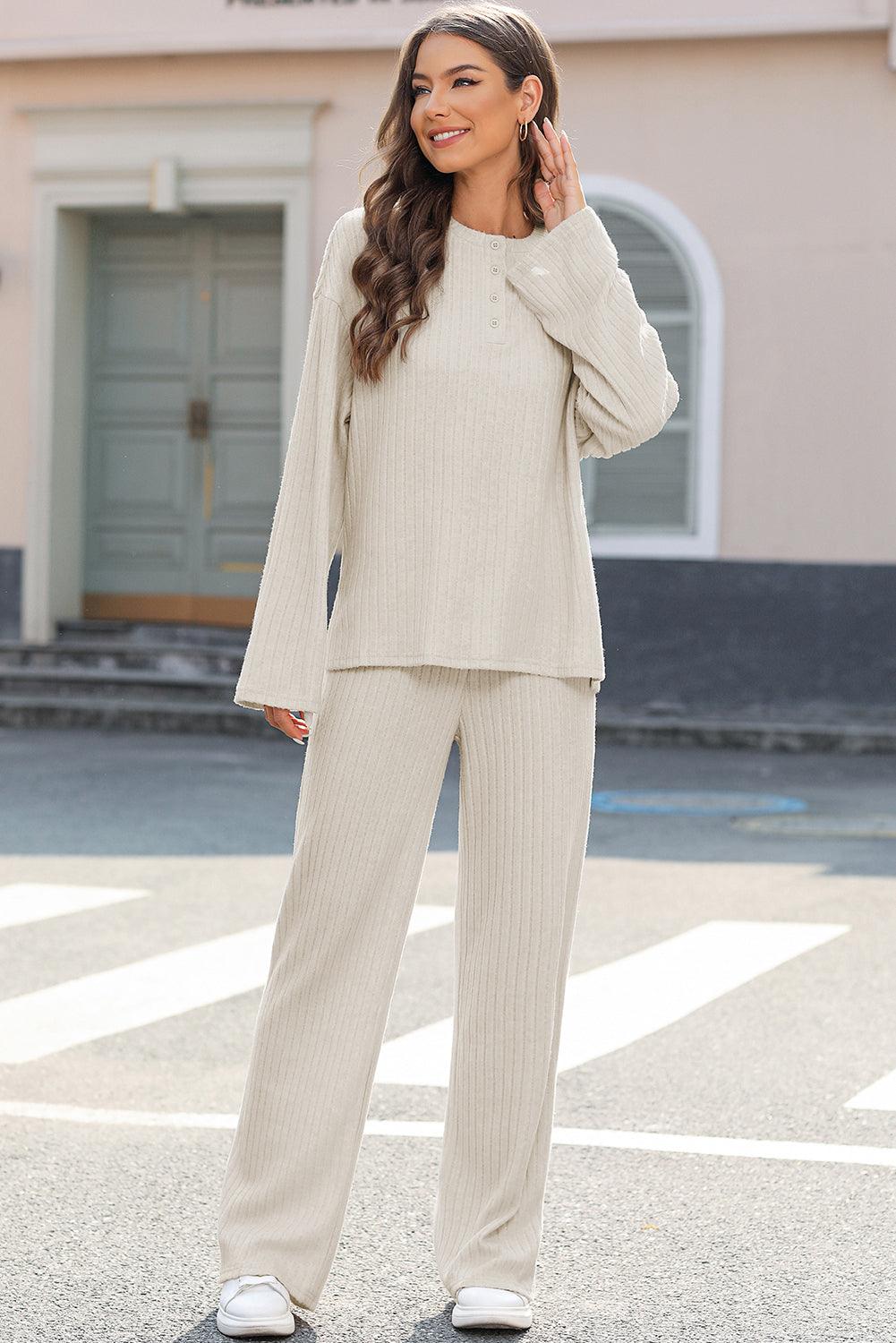 Khaki Ribbed Knit Bell Sleeve Crop Top Drawstring Pants Set - L & M Kee, LLC