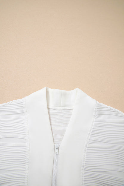 White Solid Color Textured Zip V Neck Pullover Sweatshirt