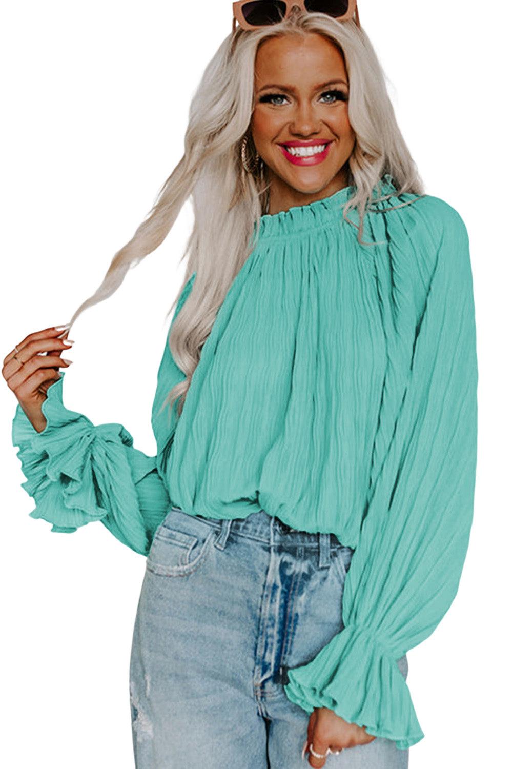 Green Striking Pleated Flared Cuff Long Sleeve Blouse - L & M Kee, LLC