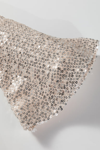 Jet Stream Sequin Mock Neck Drape Open Back Bell Sleeve Top