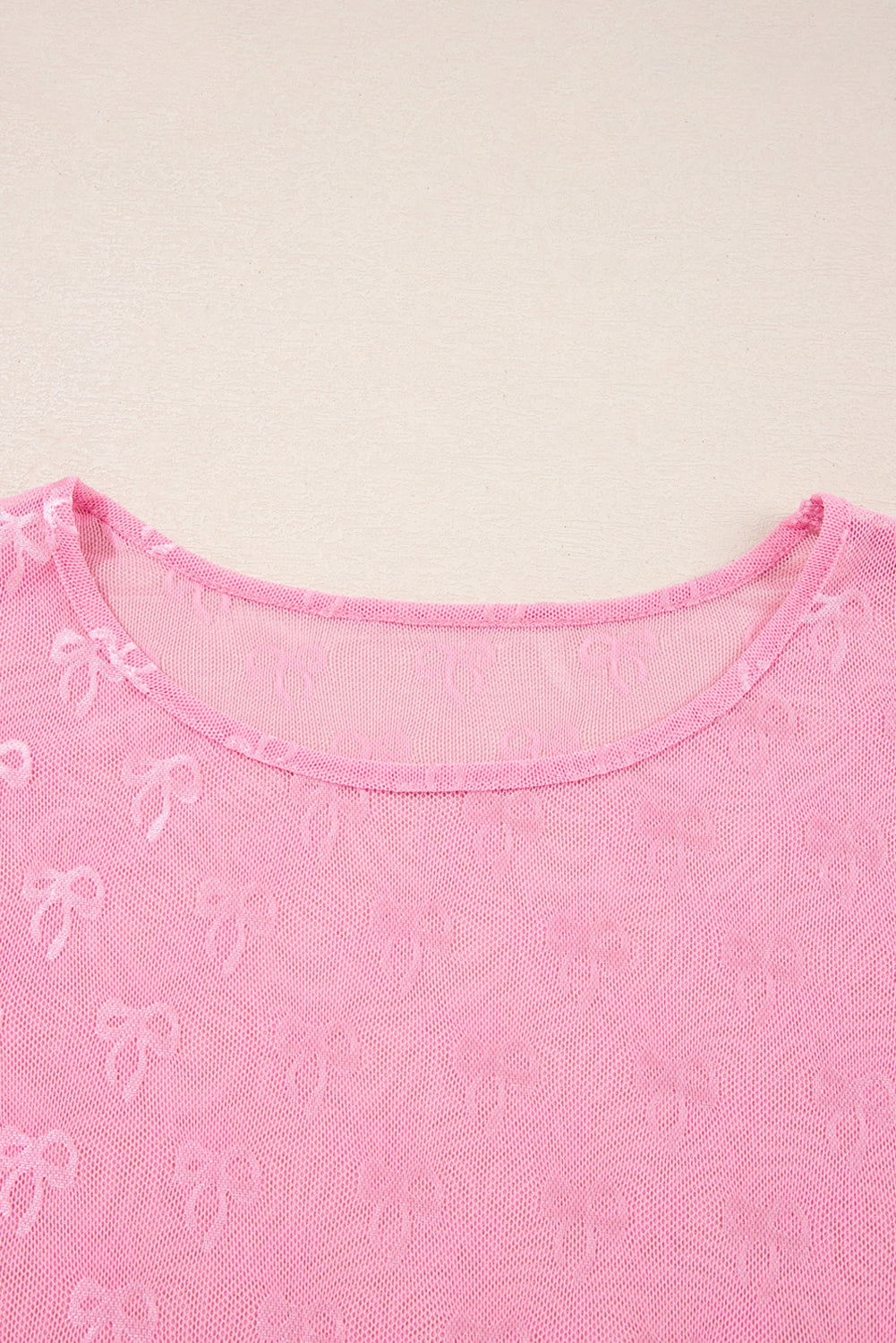 Pink Plus Size Bow Embroidered Mesh Long Sleeve Top