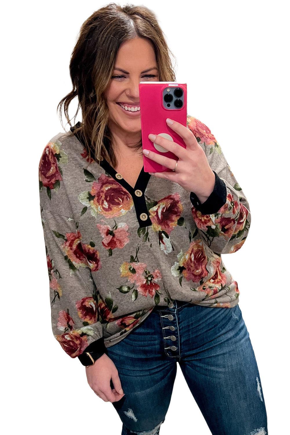 Gray Floral Long Sleeve Plus Size Henley Top - L & M Kee, LLC