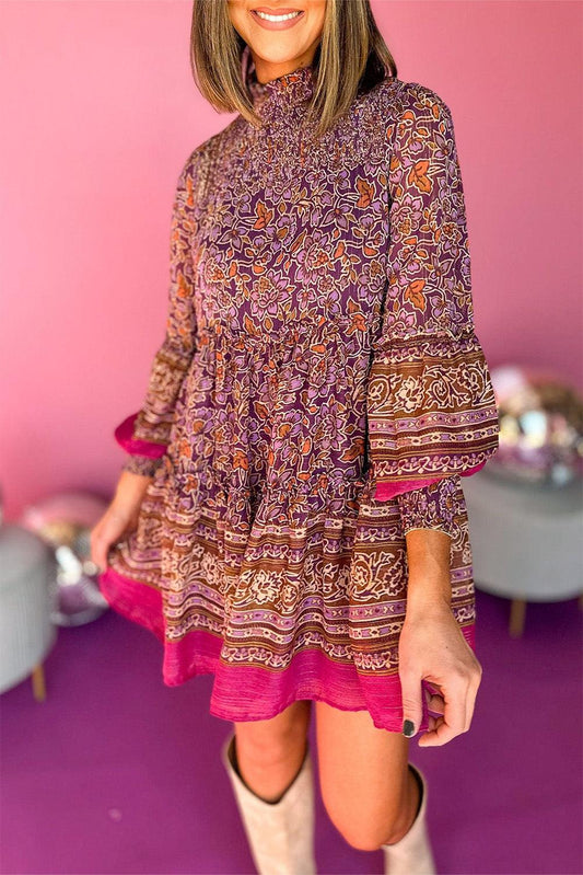 Purple Floral Smocked Puff Sleeve High Neck Mini Dress - L & M Kee, LLC