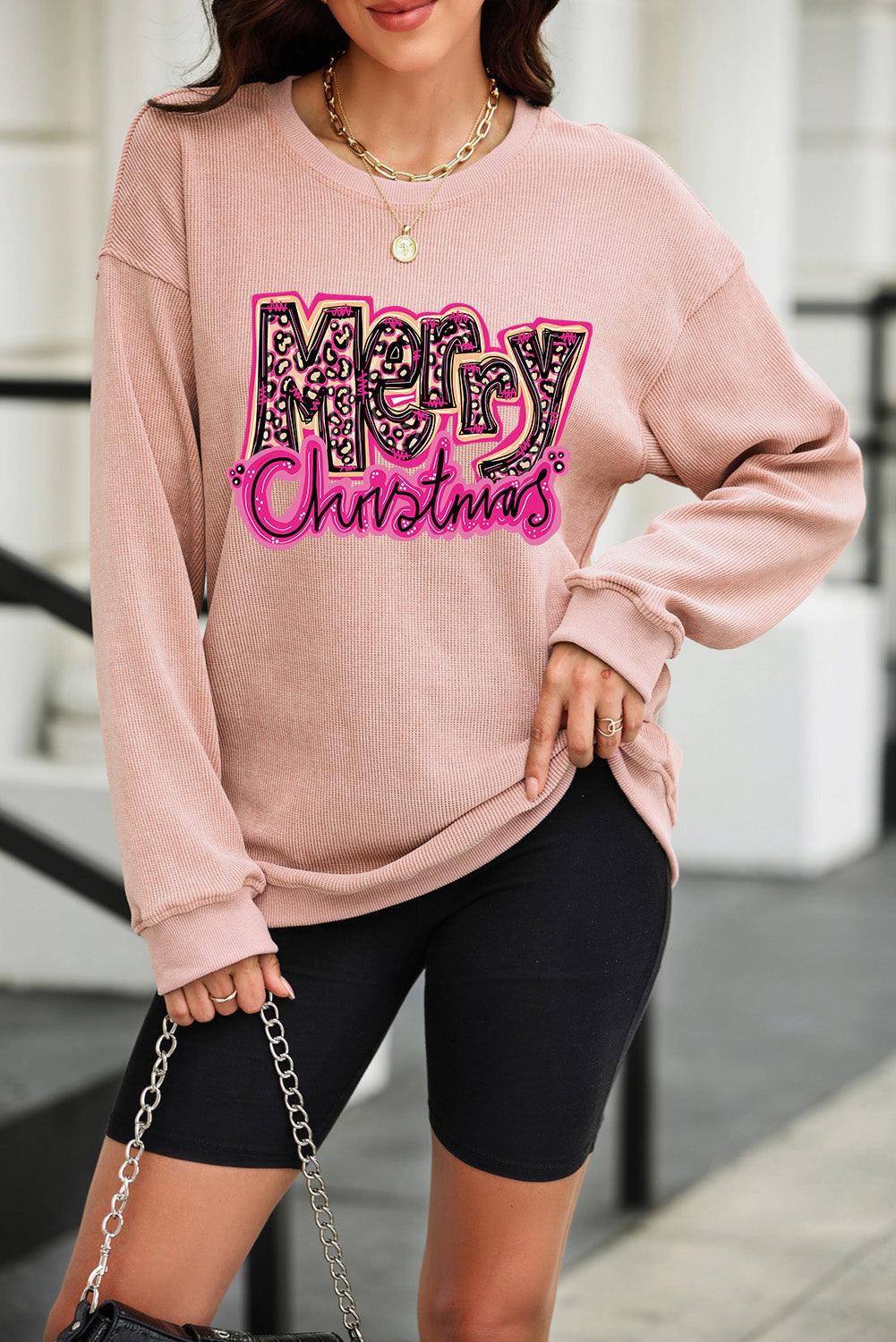 Pink Merry Christmas Letter Graphic Corded Sweatshirt - L & M Kee, LLC