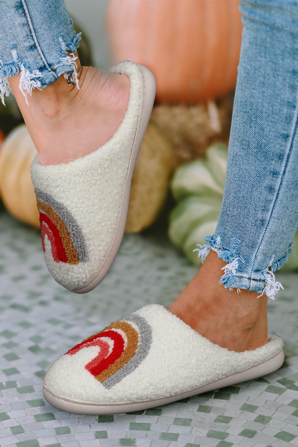 Bright White Rainbow Plush Winter Home Slippers - L & M Kee, LLC