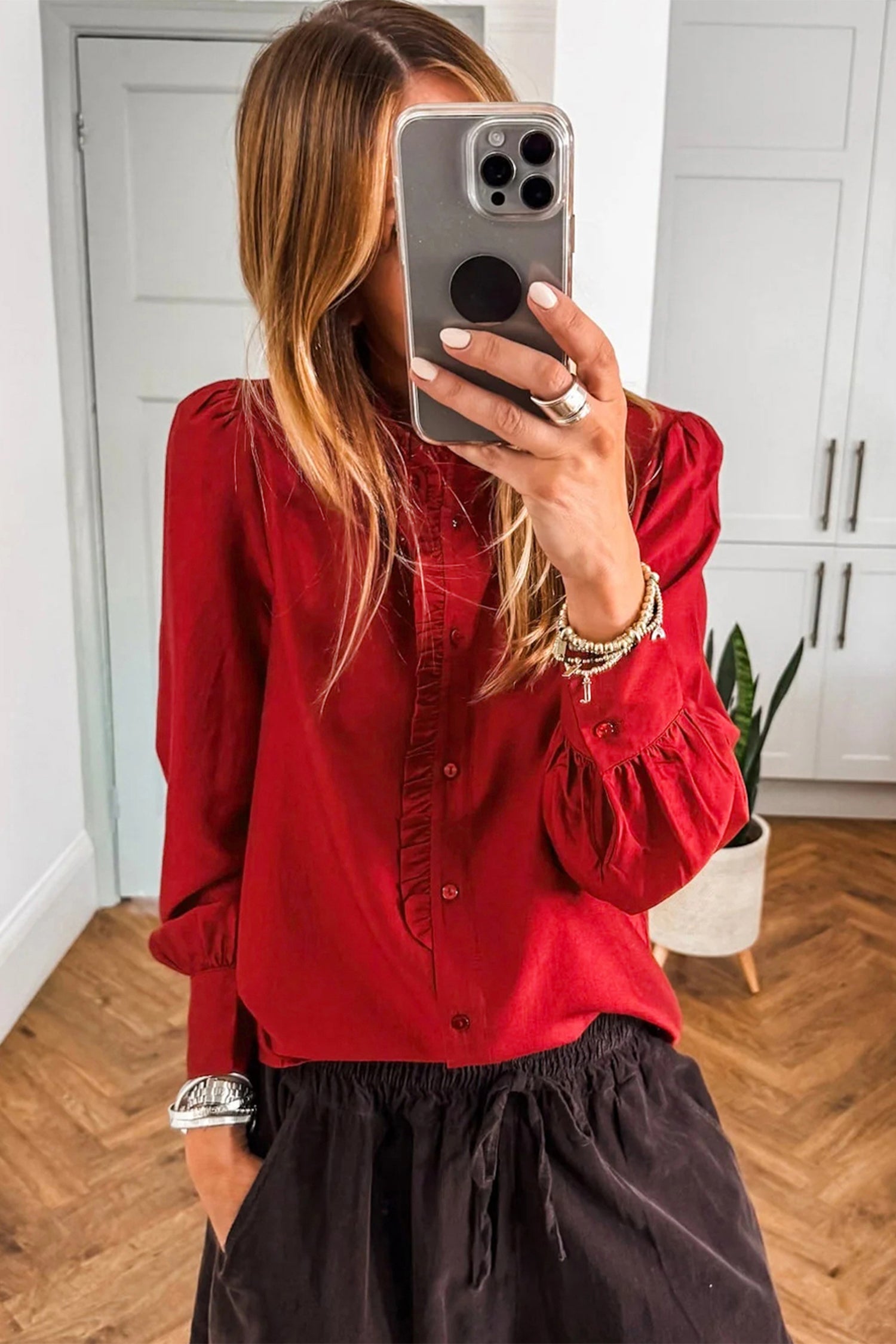 Fiery Red Frilled Trim Button Up Pleated Long Sleeve Shirt