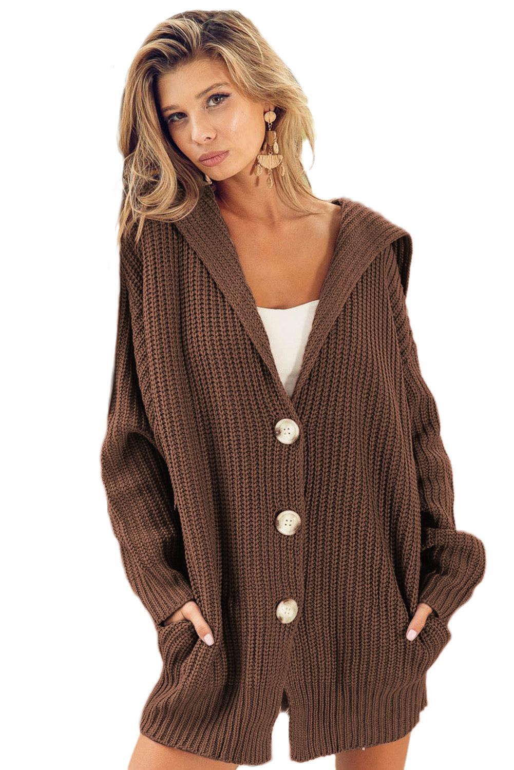 Brown Chunky Knit Lapel Collar Button up Cardigan - L & M Kee, LLC