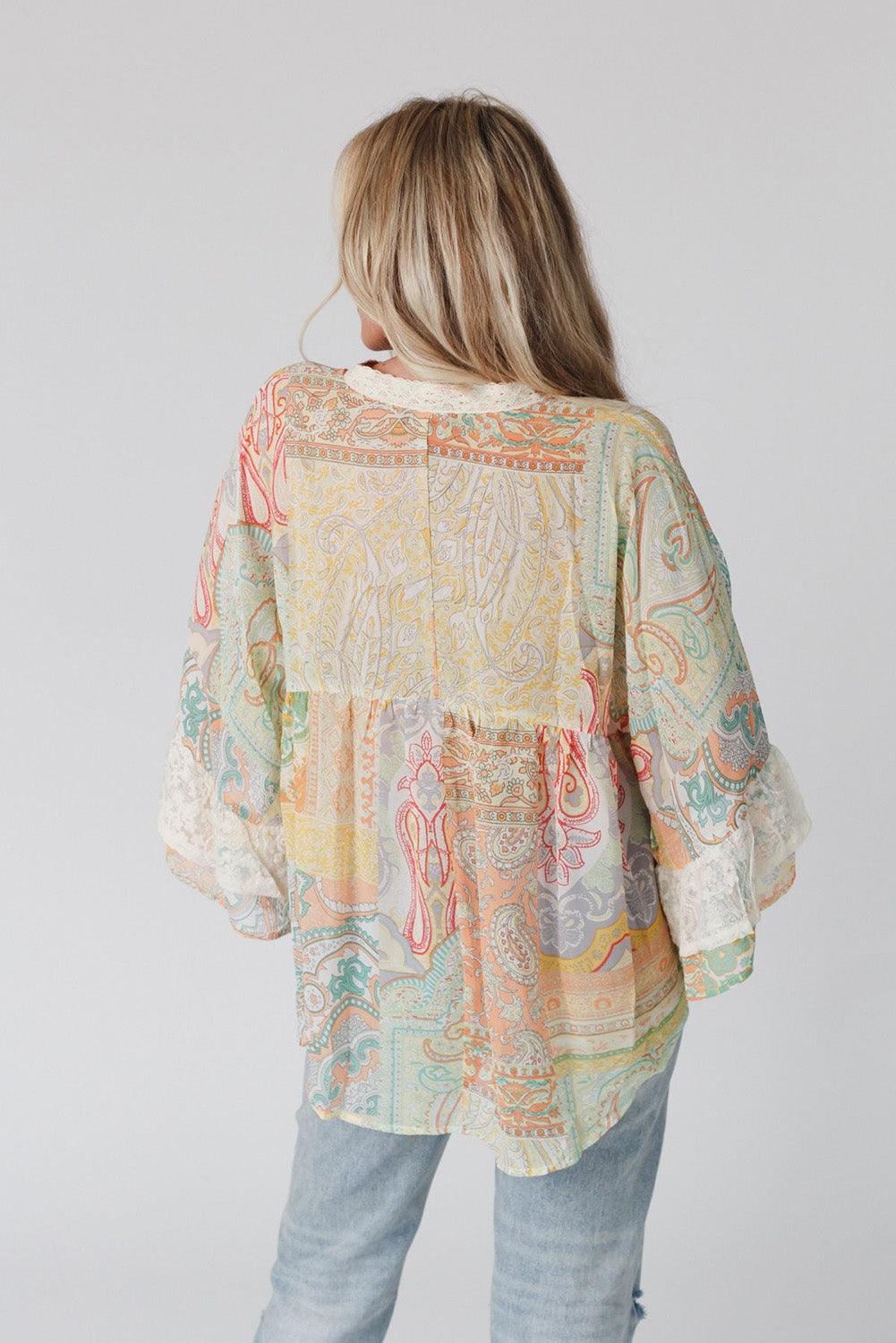 Multicolor Paisley Print Bell Sleeve Lace V-Neck Button Sheer Blouse - L & M Kee, LLC