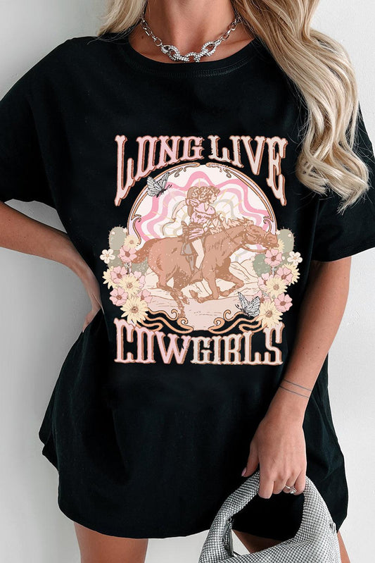 Black LONG LIVE COWGIRLS Graphic Crewneck T Shirt - L & M Kee, LLC