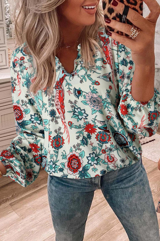 Apricot Floral Frilled V Neck Long Sleeve Blouse - L & M Kee, LLC