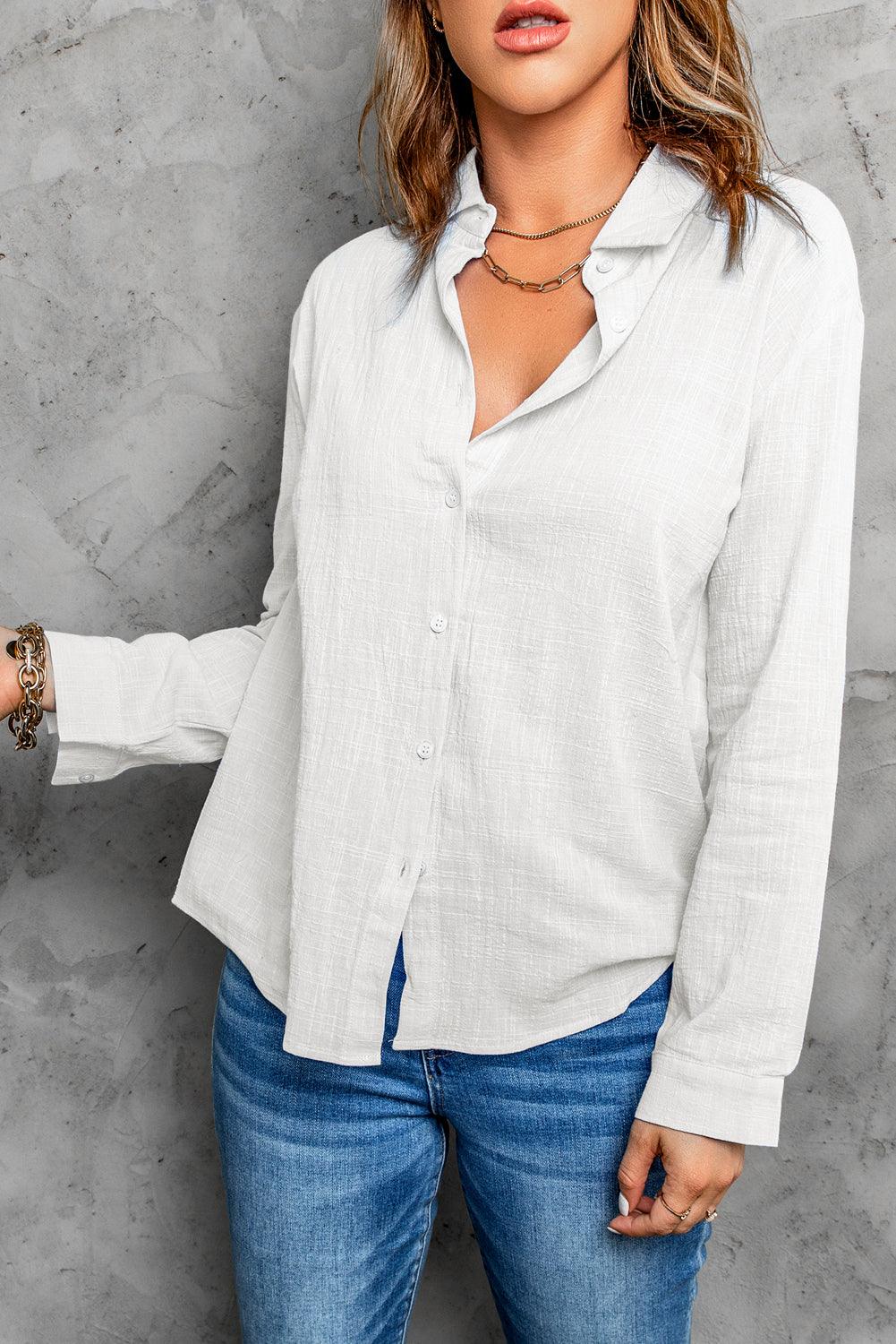 White Textured Solid Color Basic Shirt - L & M Kee, LLC