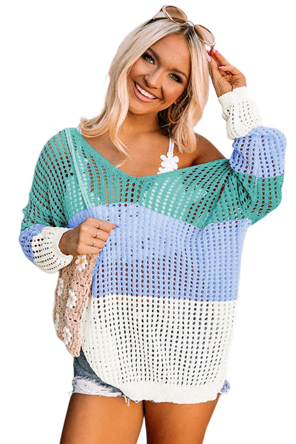 Multicolor Color Block Eyelet Long Sleeve Twisted Back Knit Top - L & M Kee, LLC