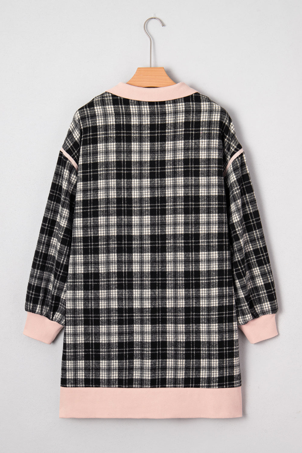 Black Plaid Polo Collar Zip up Contrast Trim Shift Long Sleeve Mini Dress