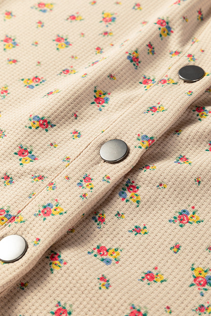 Mist Green Boho Floral Plaid Patchwork Distressed Detail Ruffled Sleeve Waffle Knit Shacket