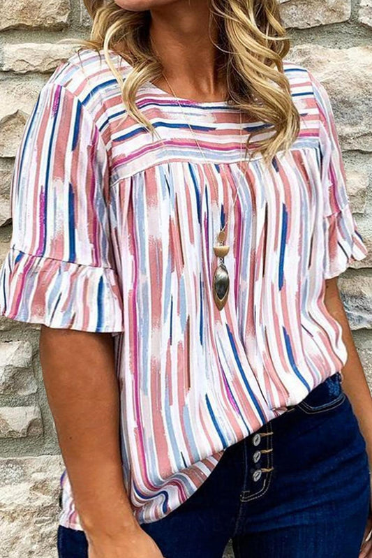 White Stripe Ruffled Short Sleeve Plus Size Blouse - L & M Kee, LLC