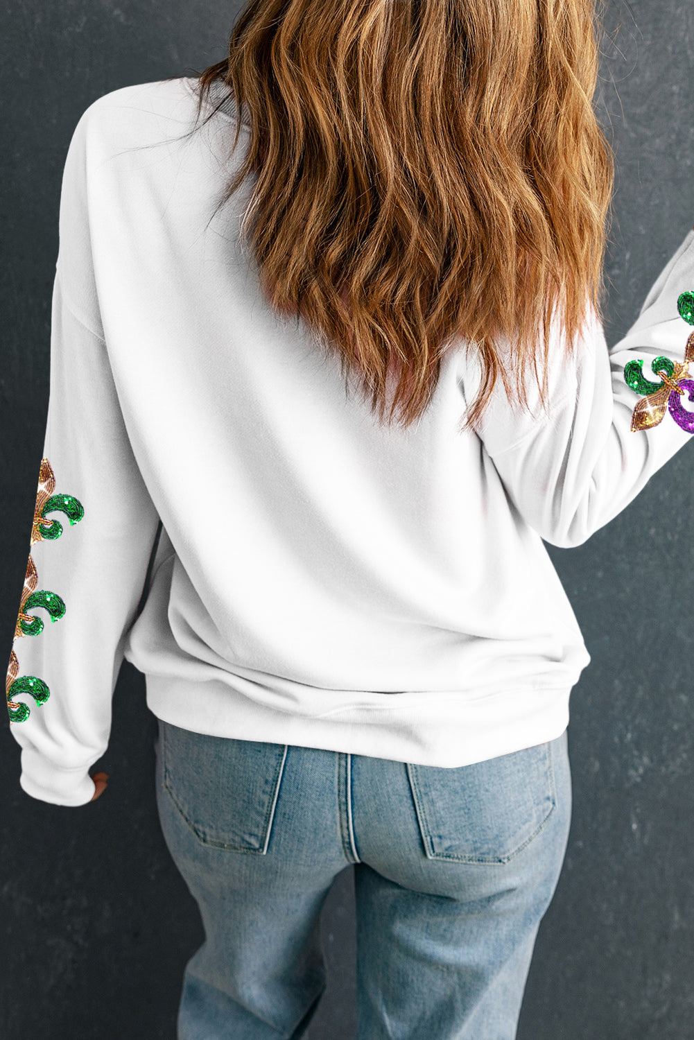 Beige Sequin Mardi Gras Patched Pattern Fleur de Lis Sleeve Sweatshirt