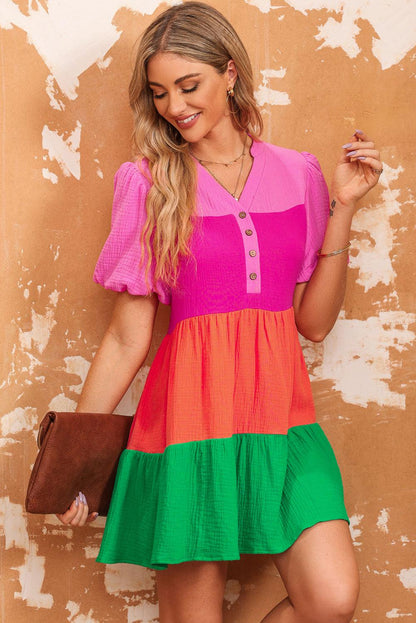 Multicolor Color Block Tiered Puff Sleeve Dress - L & M Kee, LLC